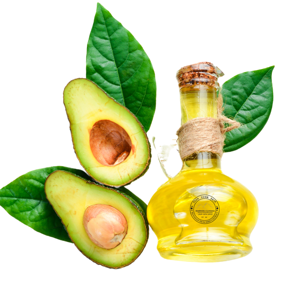 Mabrooka Avocado and avocado oil on white background 