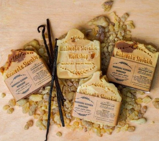 Frankincense Organic - Natural soap , and Frankincense on wooden table 